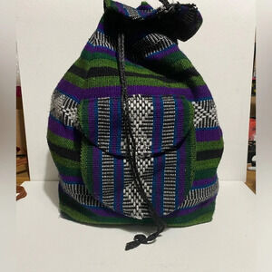 Mexico Beach Textile Hippie Baja Tote Backpack Bag Blanket Purse Purple Green